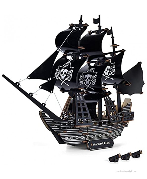 141 Pieces DIY 3D Wooden Puzzle 22.9 Large Black Pearl Pirate Ship Puzzle Fun & Educational Ship Building Kit Easy to Assemble for Kids and Adults Unique Decoration Toy