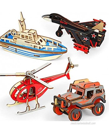 3D Wooden Puzzles for Kids Ages 8-10 Years Old 4-Pcak DIY Craft Kits for Boys- Helicopter Fighter Lifeboat Jeep Individually Wrapped Great Gifts for Kids 6 7 8 9 10 11 12 Years Old