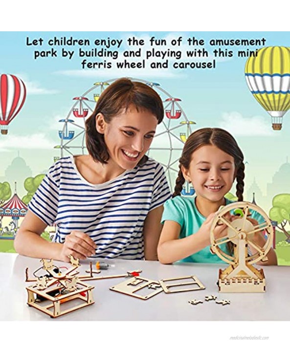 4 in 1 STEM Kit Wooden Construction Science Projects Assembly Mechanical Models 3D Building Blocks DIY Ferris Wheel Carousel Model Nightlight Lantern Educational Toys for Boys and Girls