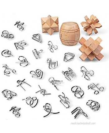 Brain Teasers for Adults Puzzles CUDNY 28Pcs 3D Unlock Interlock Assorted Metal and Wooden Puzzle Toys Mind IQ and Logic Test and Handheld Puzzle Games Wood Educational Toys for Gifts