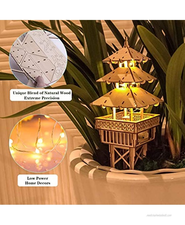 COTYNI Tower of Serenity 3D Wooden Puzzle for Adults & Kids DIY Wooden Miniature Model Kits Puzzle with LEDs Perfect As Home & Plant Decor Or Model Kits for The Family