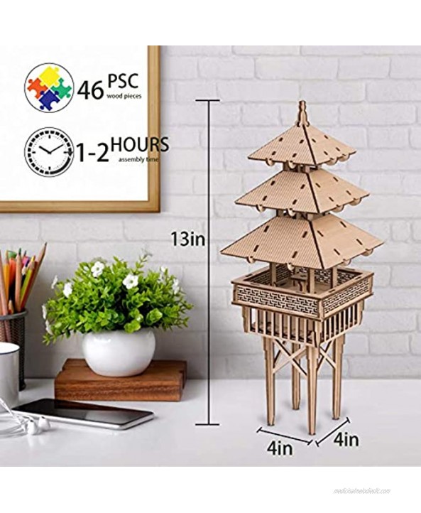 COTYNI Tower of Serenity 3D Wooden Puzzle for Adults & Kids DIY Wooden Miniature Model Kits Puzzle with LEDs Perfect As Home & Plant Decor Or Model Kits for The Family