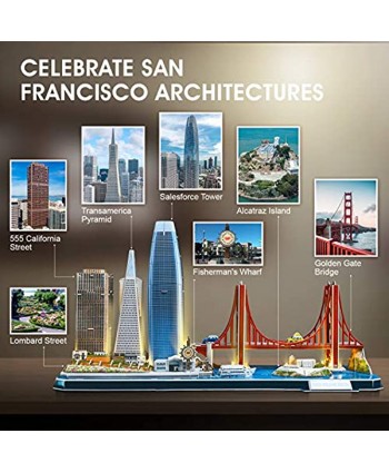 CubicFun 3D Puzzles for Adults Kids LED San Francisco Cityline Collection Model Kits Lighting Architecture Toys Gifts for Women Men Golden Gate Bridge 555 California Street and Other SF Landmarks