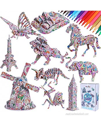 Max Fun 10 Pack 3D Coloring Puzzles Set for Kids with 36 Coloring Pen Markers DIY Educational Art Coloring Painting Puzzle Toys Gifts for Girls Boys