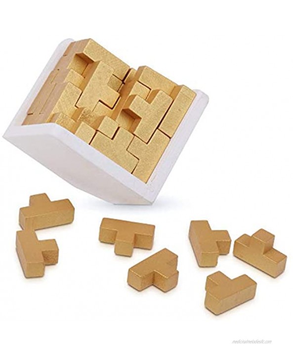 Original 3D Wooden Brain Teaser Puzzle by Sharp Brain Zone. Genius Skills Builder T-Shape Pieces. Educational Toy for Kids and Adults. Gift Desk Puzzles Golden Edition