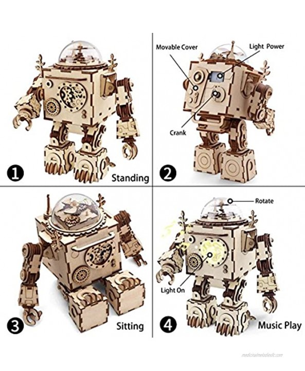 ROKR 3D Assembly Puzzle DIY Wooden Music Box,Building Craft Kits,Wooden Robot Toy Figure for Kids,Brain Teaser Educational Gifts for Girls Boys Adults When Christmas Birthday Valentine's Day