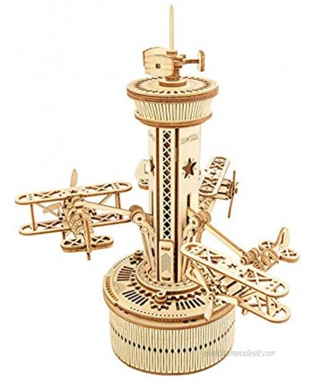ROKR 3D Wooden Puzzle Airplane Tower Music Box DIY Mechanical Model Building Kit 10" Gifts for Boys Girls Parents Family