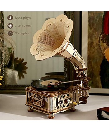 ROKR 3D Wooden Puzzles Gramophone for Adults DIY Mechanical Model Kit 1:1 Replica Record Player Support 7" 10" Vinyl Premium Gift Home Decor
