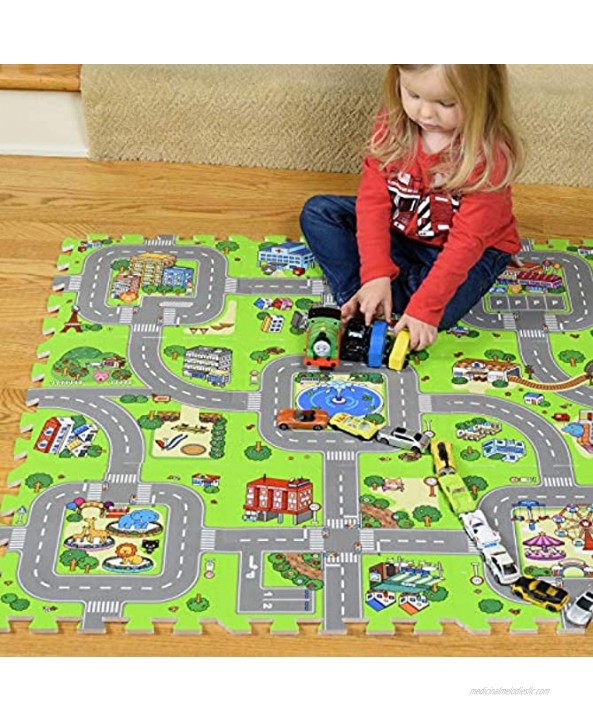 Exultimate Play Mat Road Toy Foam Playmat Interlocking Floor Puzzle Road Playroom Mat Interactive Play Set 9 Piece Set Zoo