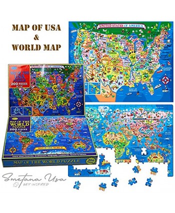Floor Puzzle USA Map + WORLD Map SET OF TWO Jigsaw Puzzles 200 Piece Each | for Ages 6 Years and Up | Great Gift Learning and Educational Tool | FUN FOR ENTIRE FAMILY