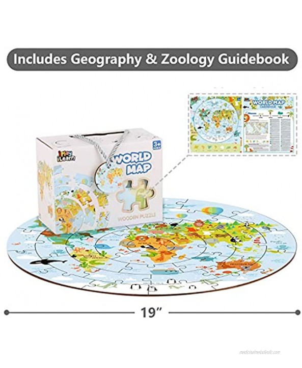 iPlay iLearn Floor Puzzles for Kids Ages 3-5 4-8 Toddlers Wooden Jigsaw Puzzles Round World Map Puzzle Toy W Large Pieces Geography Educational Birthday Gifts for 6-7 Year Old Boys Girls Children