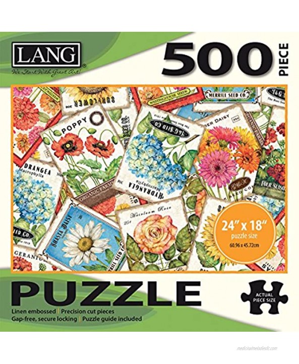 LANG 500 Piece Puzzle -Seed Packets Artwork by Tim Coffey Linen Finish 24” x 18” Completed