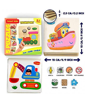 Smart Kids Wooden Puzzles for Toddlers 5 Pack Baby Puzzles Age 3+ Toddler Puzzles for Boys and Girls Transport Set Train Helicopter Fire Truck Ship Digger 49 pcs.