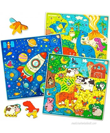 Wooden Puzzles for Kids Ages 3-5 3 x 30 Unique Wood Pieces Toddler Jigsaw Puzzle for 4-8 yo by Quokka Toy for Learning Dinosaurs Animals Space Gift Dino and Rocket Game for Boys and Girls 2-4