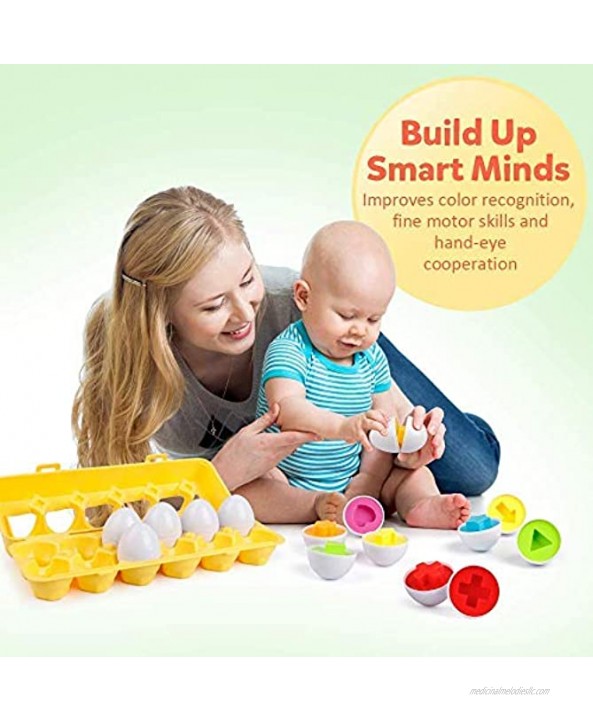 Coogam Matching Eggs 12 pcs Set Color & Shape Recoginition Sorter Puzzle + Wooden Lacing Duck and Elephant for 1 2 3 Years Old Toddlers Kids