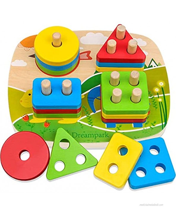 Dreampark Montessori Toys 7 Pcs Educational Toddler Toys Wooden Blocks for Boys Girls Age 1 2 3 4 and Up Wooden Shape Color Recognition Preschool Stack and Sort Geometric Board Wooden Jigsaw Puzzles