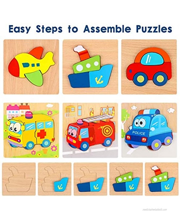 Dreampark Wooden Puzzles Montessori Toys for 1 2 3 Year Old Boy Girl Toddler Educational Learning Toys 12 18 Months 6 Pack Vehicle Jigsaw Gifts for Kids Age 1-3