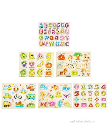 Emorefun Wooden Peg Puzzles Toddler Educational Puzzles with Animals Vehicles Fruits Alphabet and Numbers for Bitrthday and Festival Gifts 6 PCs