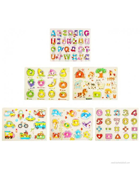 Emorefun Wooden Peg Puzzles Toddler Educational Puzzles with Animals Vehicles Fruits Alphabet and Numbers for Bitrthday and Festival Gifts 6 PCs