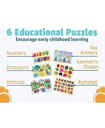 Etna Products Wooden Puzzles Set Includes 6 Educational Puzzles and Wire Storage Rack ABC Numbers Shapes Vehicles and Animals For Kids Age 3 Plus