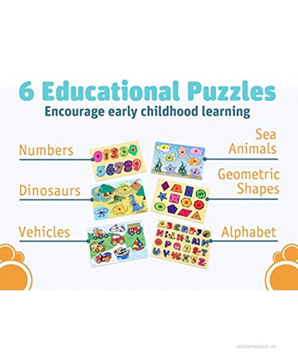 Etna Products Wooden Puzzles Set Includes 6 Educational Puzzles and Wire Storage Rack ABC Numbers Shapes Vehicles and Animals For Kids Age 3 Plus