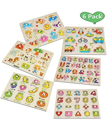 FunsLane 6 Pack Wooden Peg Puzzles for Toddlers Alphabet Numbers Animals Vehicles Ocean Fruits- Great Gift for Girls and Boys Christmas Preschool Educational Development Toy