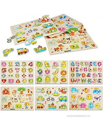 FunsLane 6 Pack Wooden Peg Puzzles for Toddlers Alphabet Numbers Animals Vehicles Ocean Fruits- Great Gift for Girls and Boys Christmas Preschool Educational Development Toy