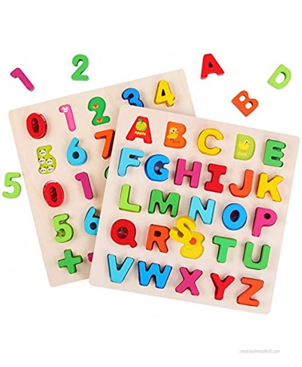 GEMEM Wooden Alphabet Puzzle Upper Case Letters and Numbers Puzzles Educational Learning Blocks Board Toys for 3+ Years Old Preschool Boys & Girls Toddlers Pack of 2