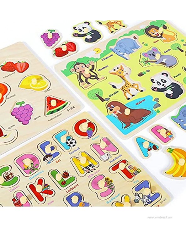 GRINNNIE 4 PCS Wooden Peg Puzzle for Toddlers 2 3 4 Years Old Educational Learning Puzzles Set-Numbers Letters Animals and Fruits Great Gifts for Girls and Boys