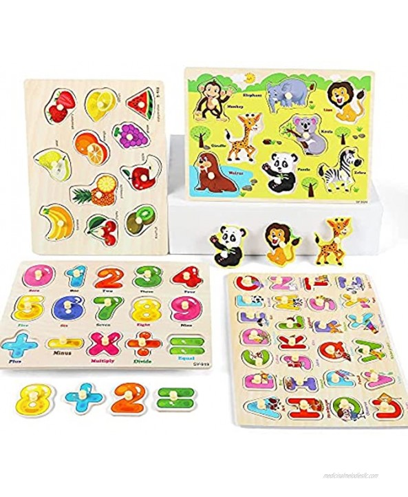 GRINNNIE 4 PCS Wooden Peg Puzzle for Toddlers 2 3 4 Years Old Educational Learning Puzzles Set-Numbers Letters Animals and Fruits Great Gifts for Girls and Boys