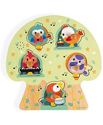 Janod 5 Piece Musical Instrument Sound Birdy Party Themed Wooden Peg Colorful Jigsaw Puzzle with Sound Effects Encourages Shape Recognition Dexterity & Language Development Toddlers 18 Months+