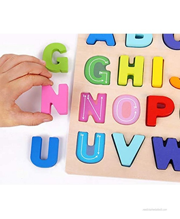 Kunmark Wooden Alphabet Puzzle ABC Jigsaws Chunky Letters Early Learning Toys for Kindergarten and Toddlers-est Educational Toy Preschool Learning Spelling Counting Lower Case Letters