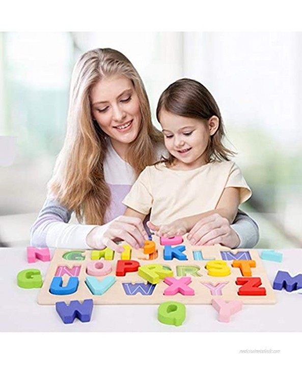 Kunmark Wooden Alphabet Puzzle ABC Jigsaws Chunky Letters Early Learning Toys for Kindergarten and Toddlers-est Educational Toy Preschool Learning Spelling Counting Lower Case Letters