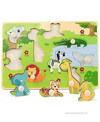 LEO & FRIENDS Zoo Animals Peg Puzzles Wooden Toddlers Puzzles for Age 2-4 Preschool Educational Pegged Knob Puzzle Toy Wooden Learning Toys for Baby Boys and Girls 9 Pieces