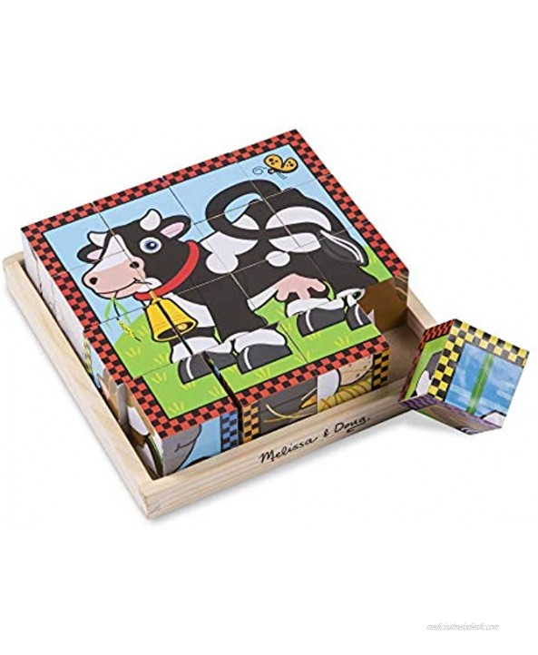 Melissa & Doug Farm Wooden Cube Puzzle With Storage Tray 6 Puzzles in 1 16 pcs