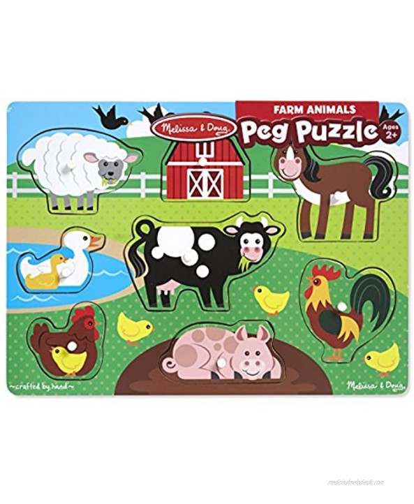 Melissa & Doug Wooden Peg Puzzle 6 Pack Numbers Letters Animals Vehicles