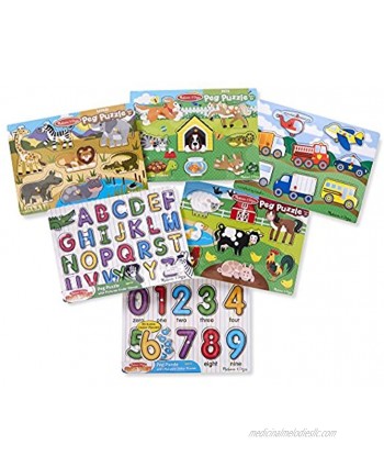 Melissa & Doug Wooden Peg Puzzle 6 Pack Numbers Letters Animals Vehicles