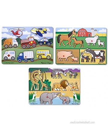 Melissa & Doug Wooden Peg Puzzles Set Farm Safari and Vehicles
