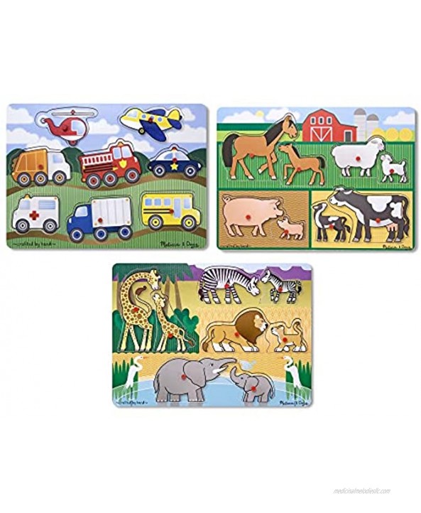Melissa & Doug Wooden Peg Puzzles Set Farm Safari and Vehicles