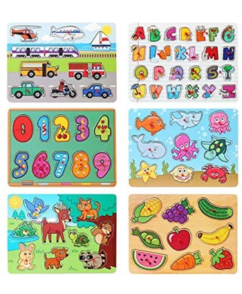 PUZZLE UNIVERSE Wooden Peg Puzzle Set 6 Pack Wood Puzzles with Wire Storage Rack Include ABC 123 Animals Vehicles Food Educational Toys for Kids 18 Months and Up