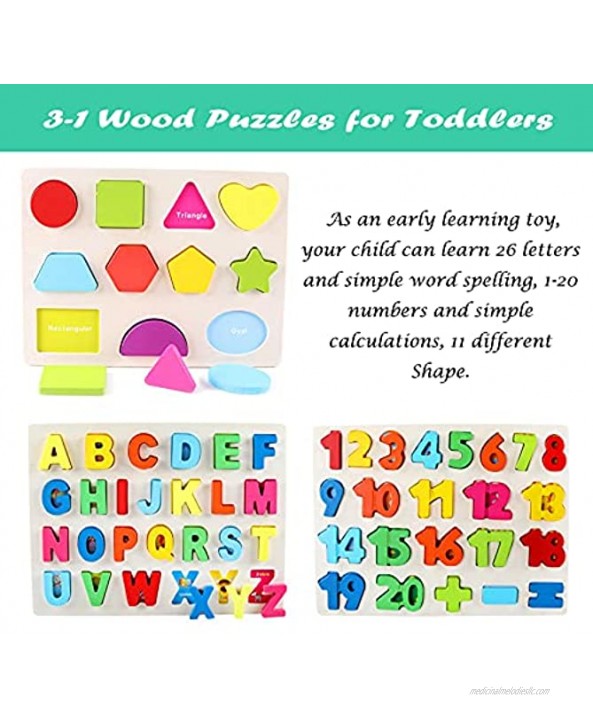 SkGoodCow Preschool Alphabet Number Shape Learning Puzzles for Toddlers 3 in 1 Wooden Peg Puzzle Set ABC Numbers Shapes Toy Early Education Letters Teaching Board
