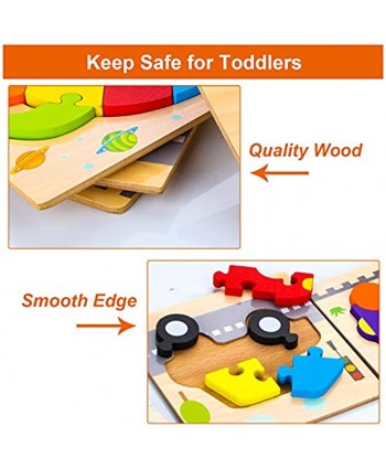 SKYFIELD Wooden Gift Toys for 1 2 3 Years Old Boys Girls. Toddler Car Truck Train Puzzle Learning Educational Toys Stem Montessori Toy for Baby 12 Month and Up. 6 Puzzle Sets Vehicle Puzzles