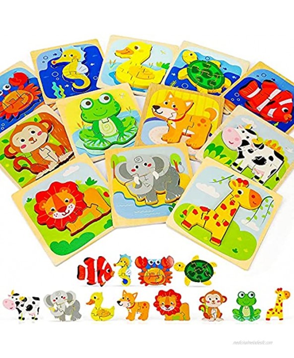 TOY Life 12 Pack Wooden Puzzles for Toddlers 1-3- Animal Shape Puzzles Montessori Toy for Toddler- Baby Puzzles Early Development and Activity Toys Learning Educational Preschool Toy Gifts for Toddler
