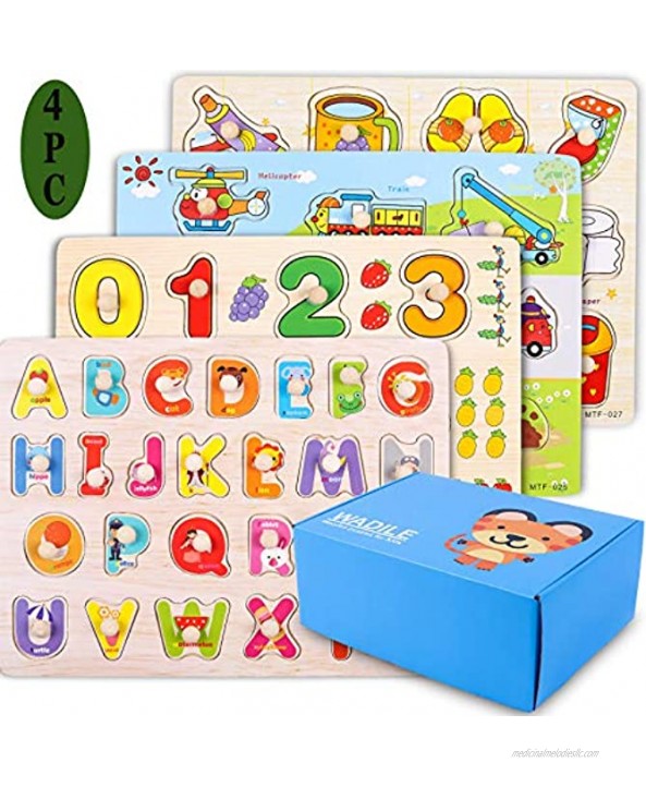 WADILE Wooden Toddler Puzzles for Kids Ages 1-5 Years Old Wood Peg Puzzles Alphabet Number Animal Knob Puzzles Learning Toys Educational Gift  for Girls and Boys