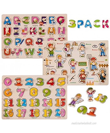 WADILE Wooden Toddler Puzzles for Kids Ages 1-5 Years Old Wood Peg Puzzles Alphabet Number Occupation Jobs Knob Puzzles Learning Toys Educational Gift  for Girls and Boys