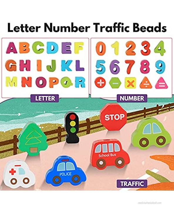 Wooden Lacing Toy Alphabet Number Threading Beads for Boys Girls Age 2 3 4 5 6 Montessori Educational Learning Birthday Gift for 36 Month Babies