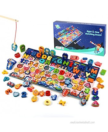 Wooden Montessori Toys 8 in 1 Wooden Number Puzzle Sorting Montessori Toys for Toddlers Educational Toys with Magnet Fishing Game for for Age 3+ Kids