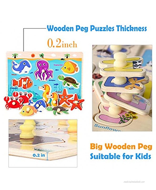 Wooden Peg Puzzles for Toddlers 2 3 4 Years Old Kids Educational Preeschool Peg Puzzles Toy 3 Pcs Toddler Puzzles Set Traffic Animals and Ocean Great Gift for Girls and Boys