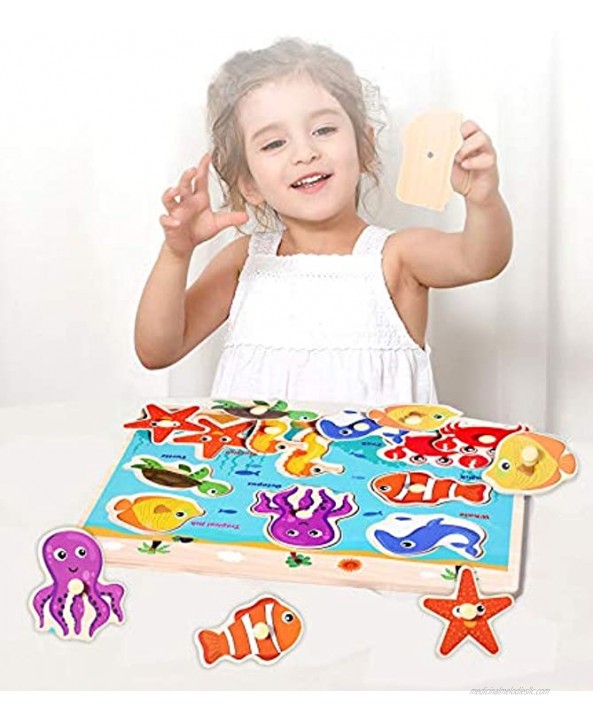 Wooden Peg Puzzles for Toddlers 2 3 4 Years Old Kids Educational Preeschool Peg Puzzles Toy 3 Pcs Toddler Puzzles Set Traffic Animals and Ocean Great Gift for Girls and Boys