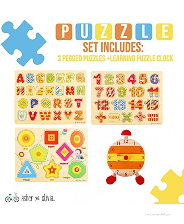 Wooden Peg Puzzles for Toddlers – Pack of 3 with Stackable Learning Clock Educational Preschool Puzzles for Toddlers Kids Boys Girls Children Math Learning Set